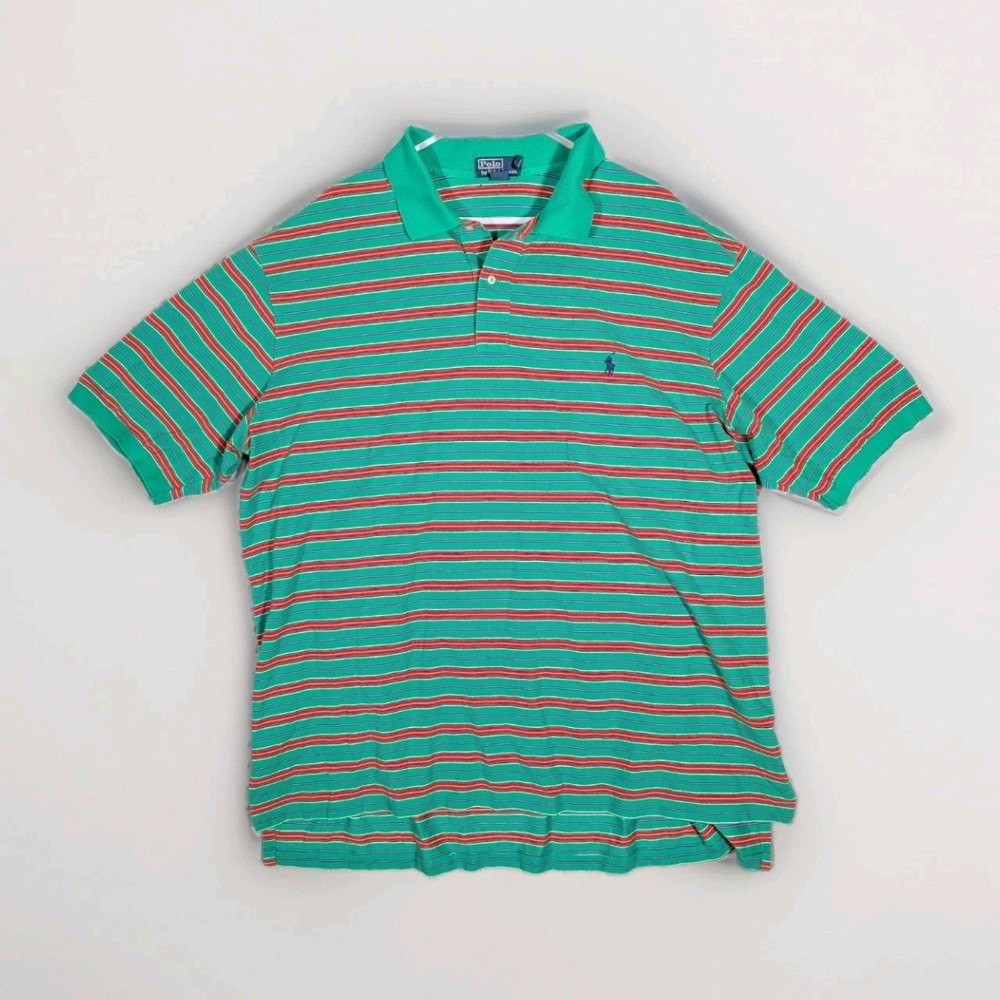 VTG Ralph Lauren Polo Shirt Men's 3XLT Green Red Striped Pique Knit Short Sleeve
